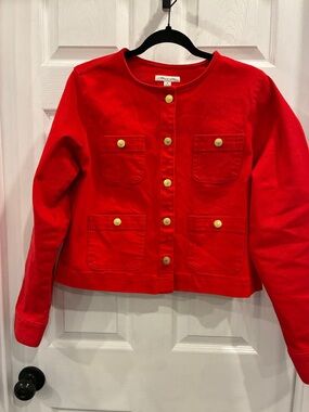 Bright Red Denim Button-Front Jacket with Gold Buttons